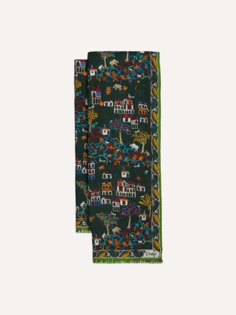 Drake's Green Antique Village Print Wool Silk Scarf