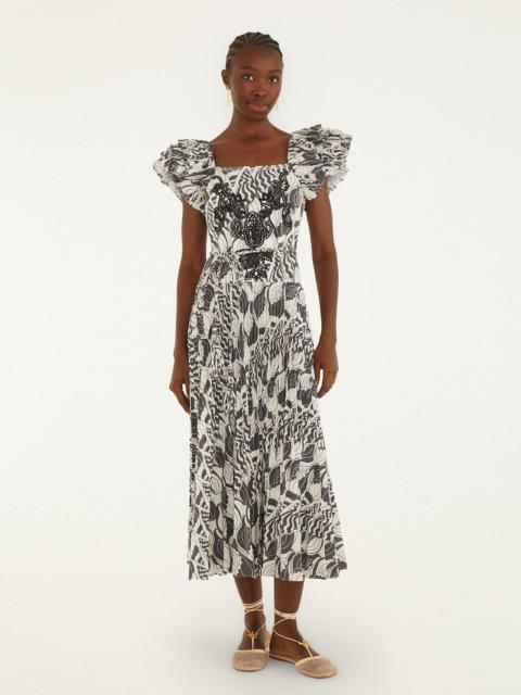 FARM RIO Sand Seashell Serenade Pleated Maxi Dress