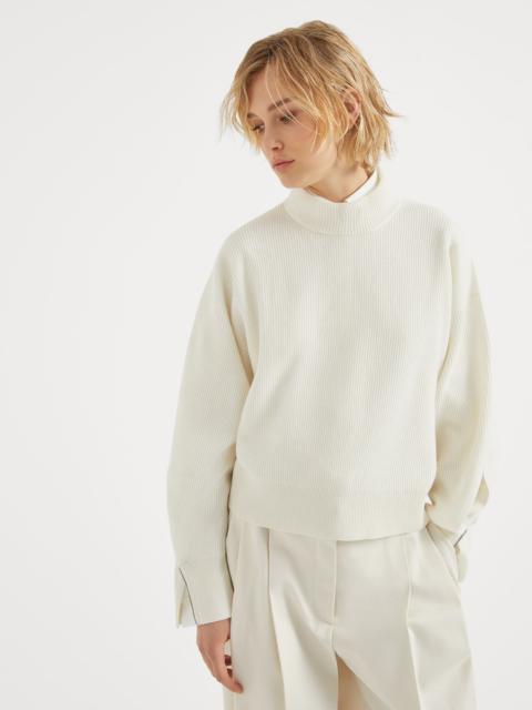 Cashmere English rib sweater with shiny cuff details