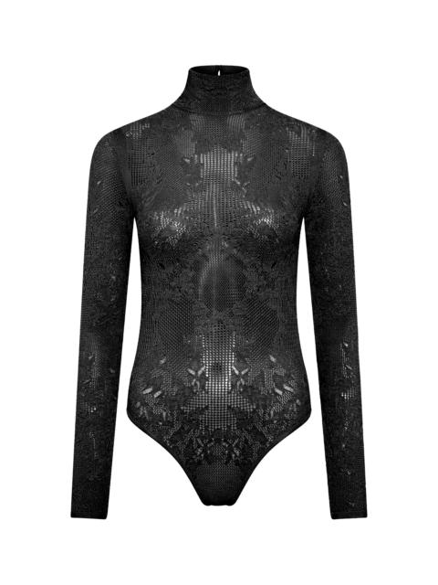 GABRIELA HEARST Feal Pointelle Knit Lace Bodysuit in Black Silk Merino Wool