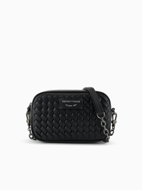 EMPORIO ARMANI INTERWOVEN LEATHER CAMERA CASE WITH CHAIN SHOULDER STRAP