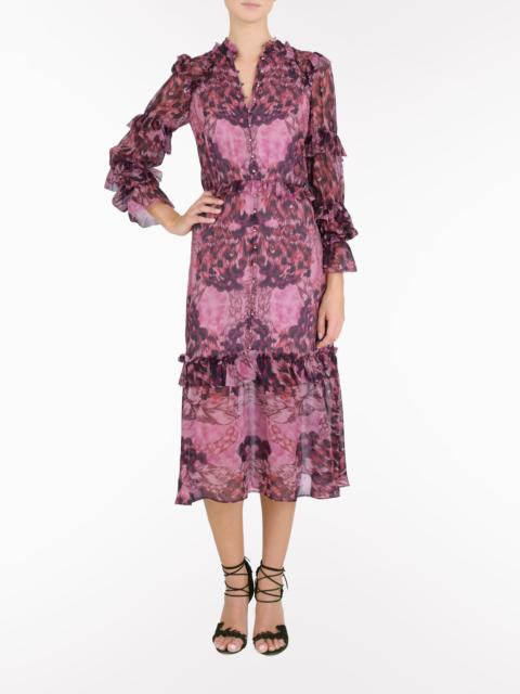 Marchesa BRAIDED LEOPARD FLOUNCED SILK CHIFFON MIDI DRESS