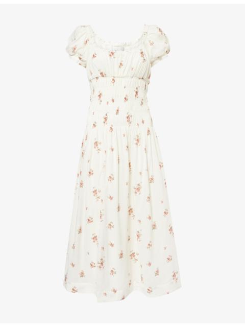 Reformation Riva Shirred-Waist Cotton-Blend Midi Dress