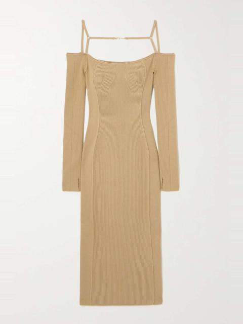 JACQUEMUS Sierra off-the-shoulder embellished ribbed-knit midi dress