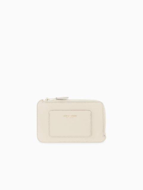 GIORGIO ARMANI HALF ZIP-AROUND GRANULATED LEATHER WALLET WITH LOGO POCKET