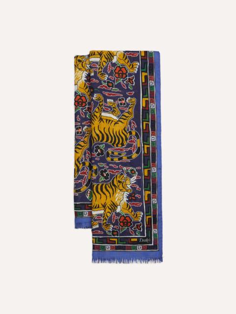 Drake's Blue Tiger Print Wool-Silk Scarf