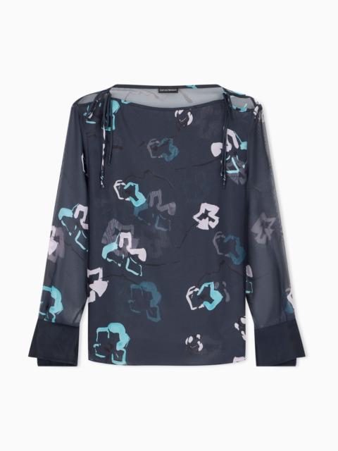 EMPORIO ARMANI SHEER LONG-SLEEVE SILK CHIFFON SHIRT WITH A FLORAL PRINT