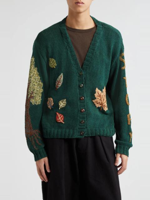 Story mfg. Twinsun Crochet Appliqué Hand Knit Organic Cotton V-Neck Cardigan