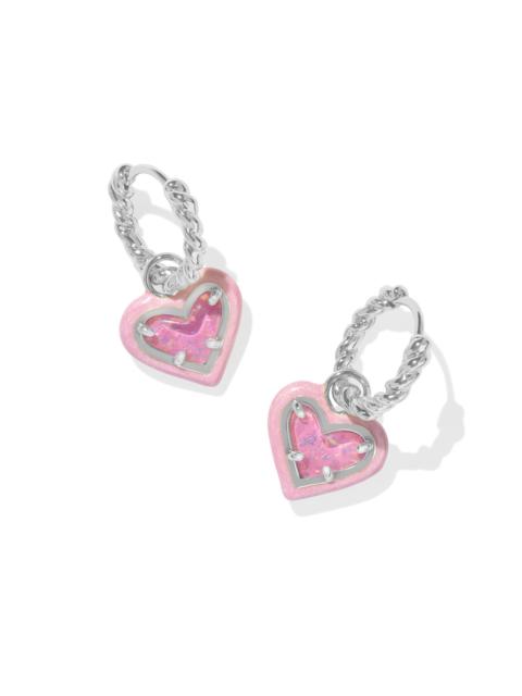 KENDRA SCOTT Ari Heart Silver Enamel Frame Huggie Earrings in Pink Iridescent Glitter Glass