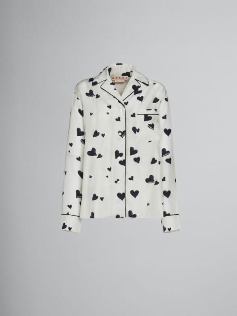 Marni WHITE SILK PYJAMA SHIRT WITH BUNCH OF HEARTS PRINT