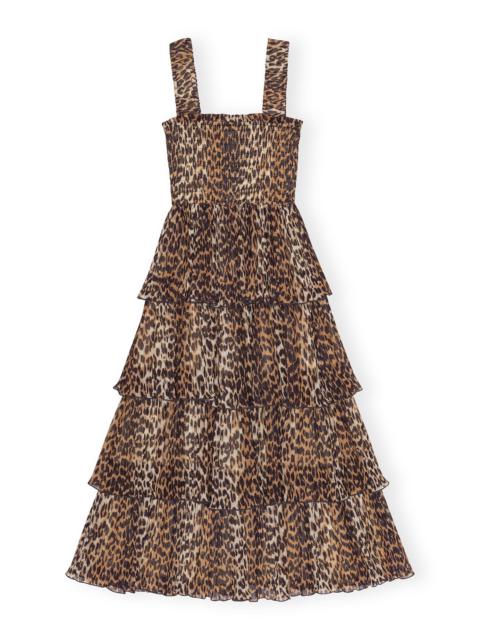 LEOPARD PLEATED GEORGETTE FLOUNCE SMOCK MIDI DRESS