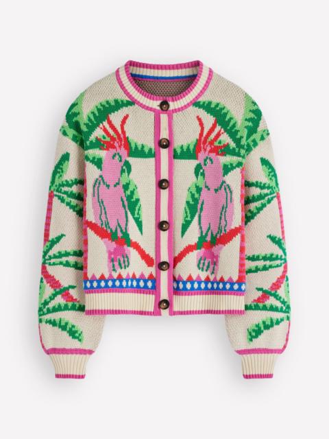 BODEN Abi Jacquard Cardigan-Warm Ivory, Palm Tree Birds