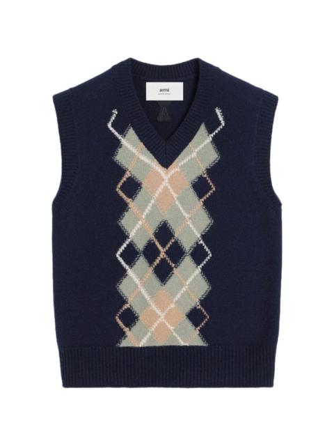 AMI Paris argyle wool-cashmere blend sleevless jumper