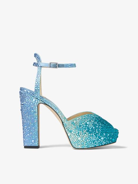 JIMMY CHOO Sacaria PF 120 Peacock Satin Platform Sandals with Crystals