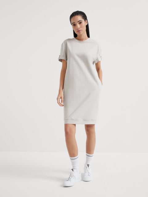Stretch cotton lightweight French terry dress with shiny cuff detail