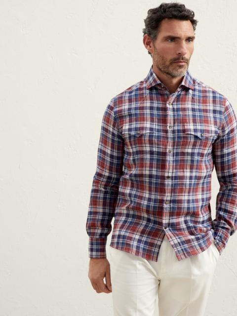 Brunello Cucinelli Linen madras easy fit western shirt