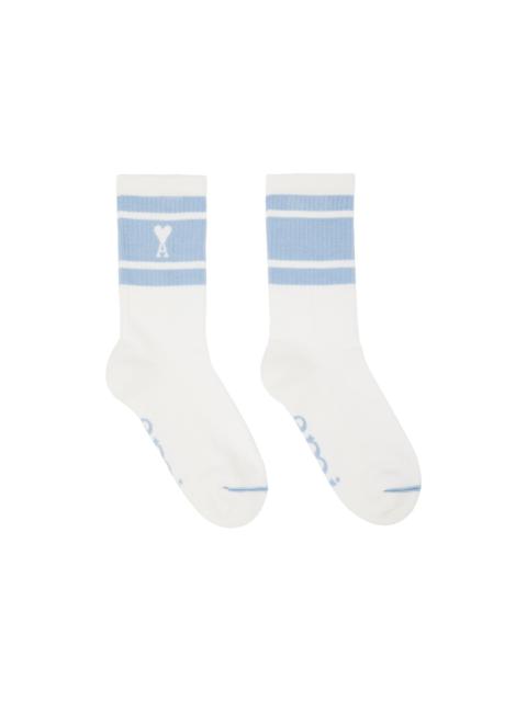 AMI Paris White & Blue Ami de Cœur Striped Socks
