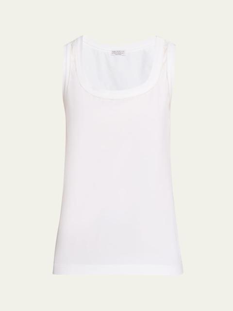 Brunello Cucinelli Metallic Stitched Scoop-Neck Cotton Stretch Tank Top