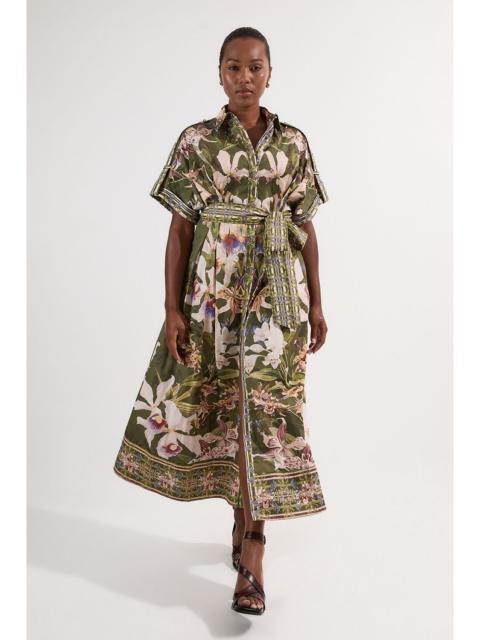 KAREN MILLEN Plus Size Cotton Sateen Floral Woven Belted Maxi Shirt Dress