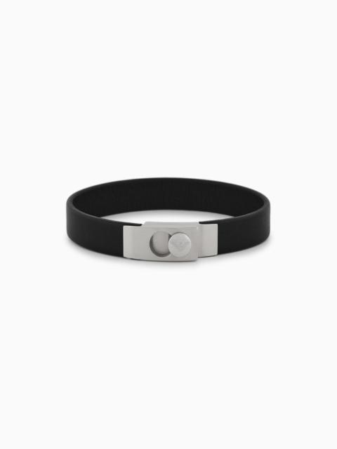 Stainless Steel and Black Leather Strap Bracelet