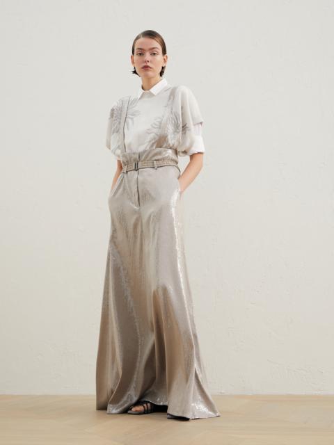 Brunello Cucinelli Dazzling satin paper-bag skirt with belt and suspenders