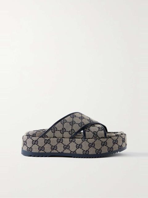 GUCCI Angelina leather-trimmed logo-jacquard coated-canvas platform slides
