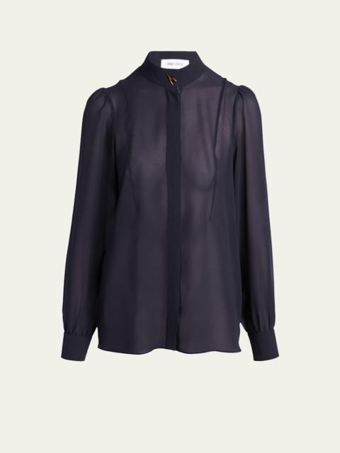 Alexander McQueen Wishbone-Button Silk Chiffon Button-Down Blouse