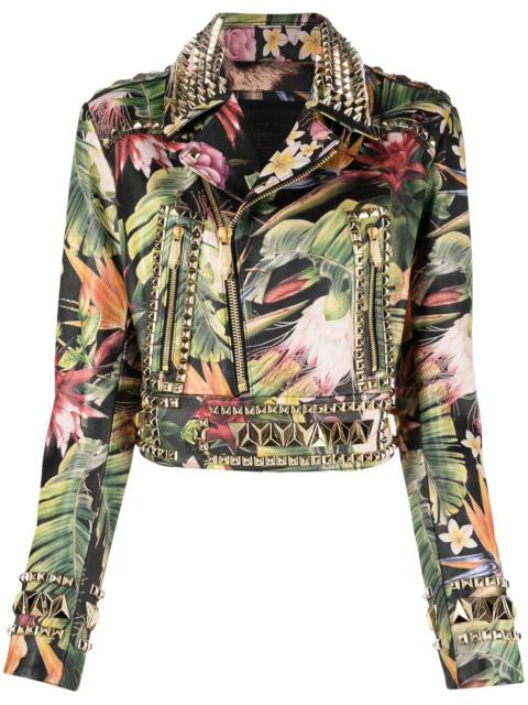 PHILIPP PLEIN floral-print studded biker jacket