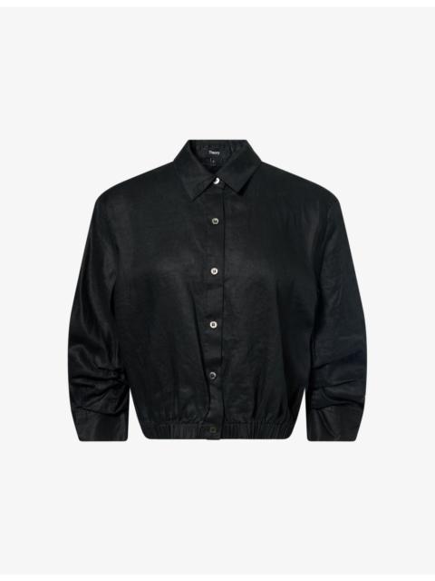 Theory Ruched-Sleeve Crop Linen Shirt