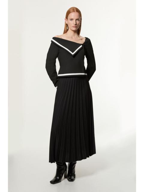 KAREN MILLEN Petite Compact Stretch Asymmetric Neck Colour Block Pleated Tailored Midaxi Dress