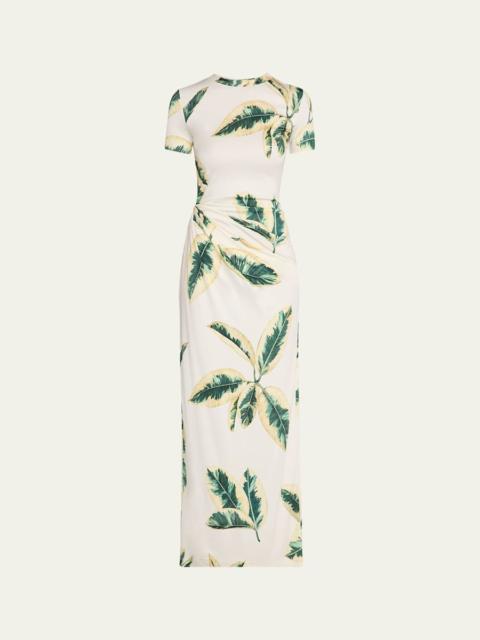 Oscar de la Renta Short-Sleeve Ficus-Print Draped Maxi Dress