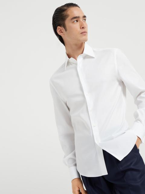 Brunello Cucinelli Tone-on-tone pinstripe twill slim fit tuxedo shirt with spread collar