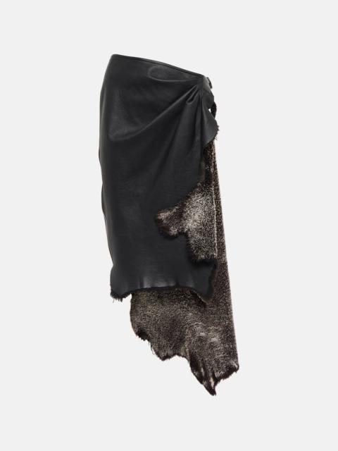 Alaïa Draped high-rise leather and shearling midi skirt