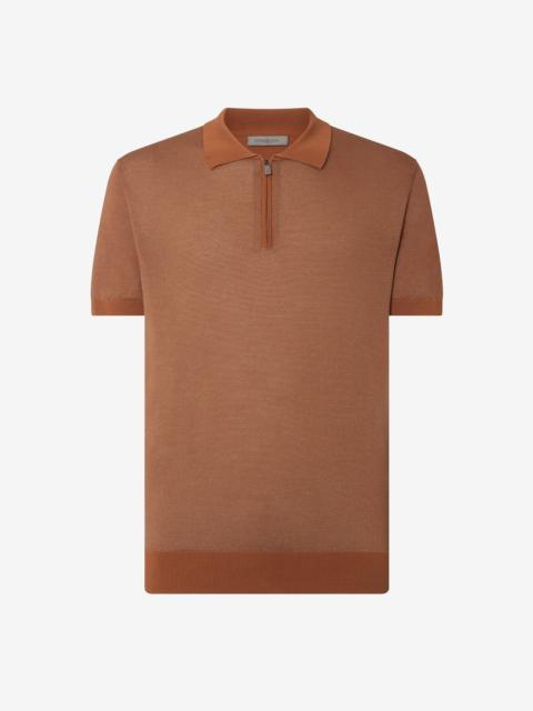 CORNELIANI Ice cotton and silk polo shirt with burned earth/honey blue zip