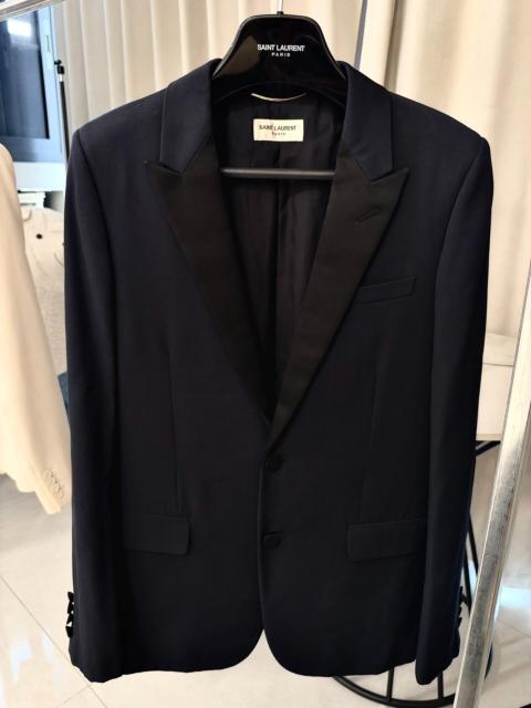 SAINT LAURENT Saint Laurent Paris FW14 Le Smoking Navy Blue Satin Peak-Lapel Wool Blazer by Hedi Slimane