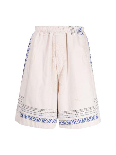 By Walid floral-embroidered linen drop-crotch shorts