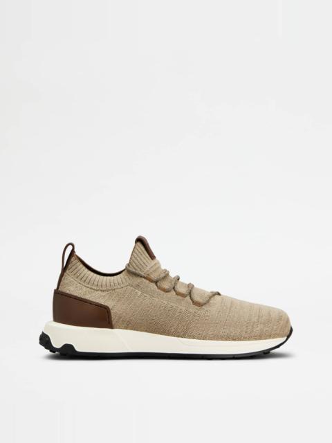 Tod's SOCK SNEAKERS IN TECHNICAL FABRIC AND LEATHER - BROWN, BEIGE
