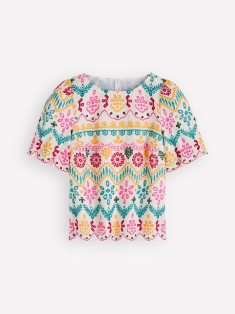 BODEN Linen Puff Sleeve Top-Multi Broderie