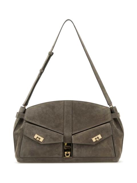 FERRAGAMO Grey Suede Shoulder Bag