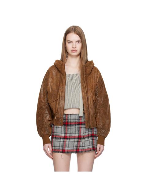 R13 Tan Shirred Oversized Leather Bomber Jacket
