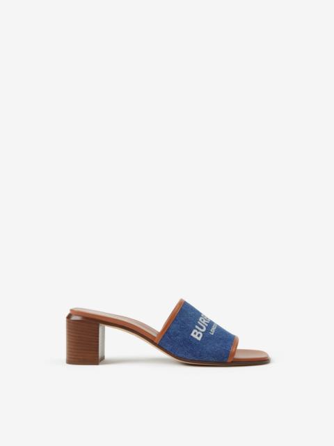 Label Print Denim and Leather Mules