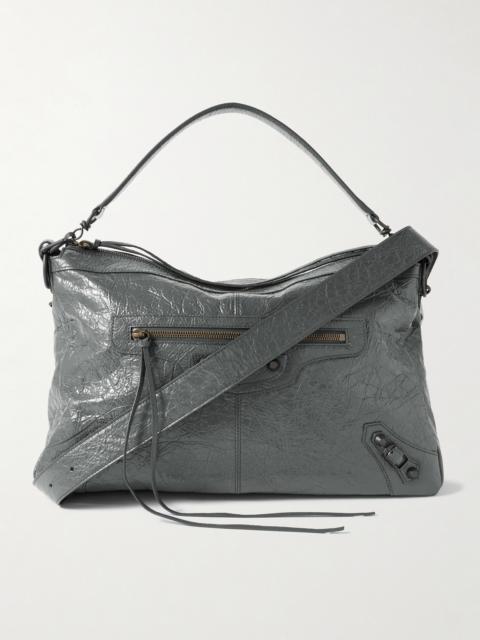 BALENCIAGA Le City Moto Medium Embellished Crinkled-Leather Messenger Bag