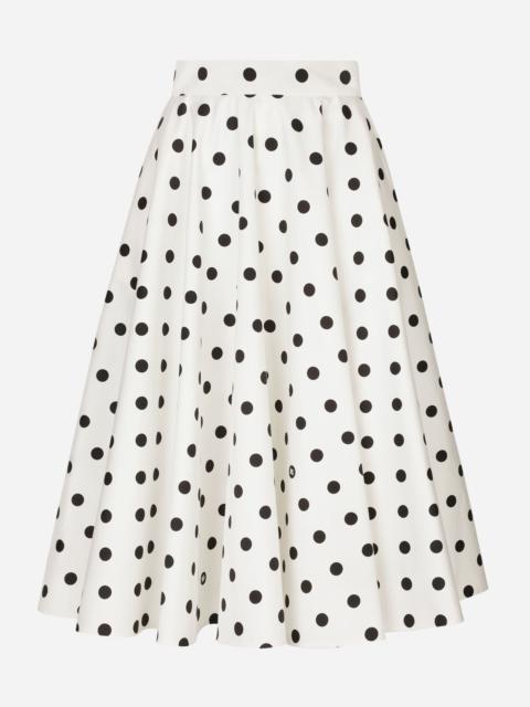 Cotton drill calf-length circle skirt with polka-dot print