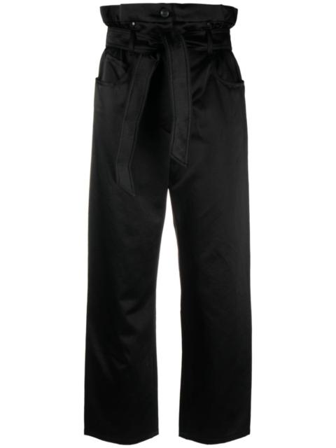 high-waisted belted satin trousers