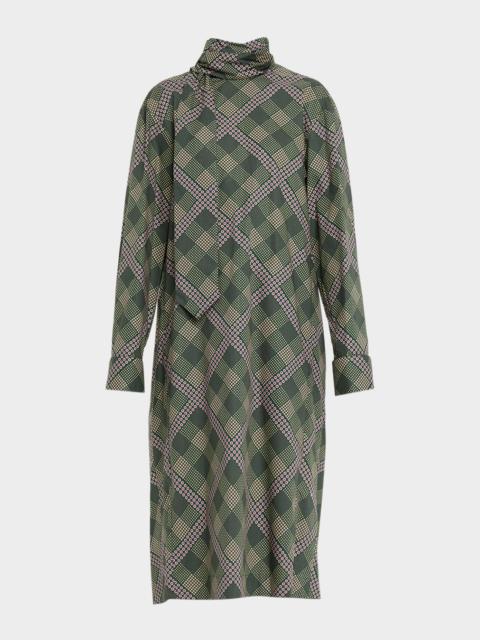 Dries Van Noten Doddy Scarf-Neck Check-Print Midi Dress