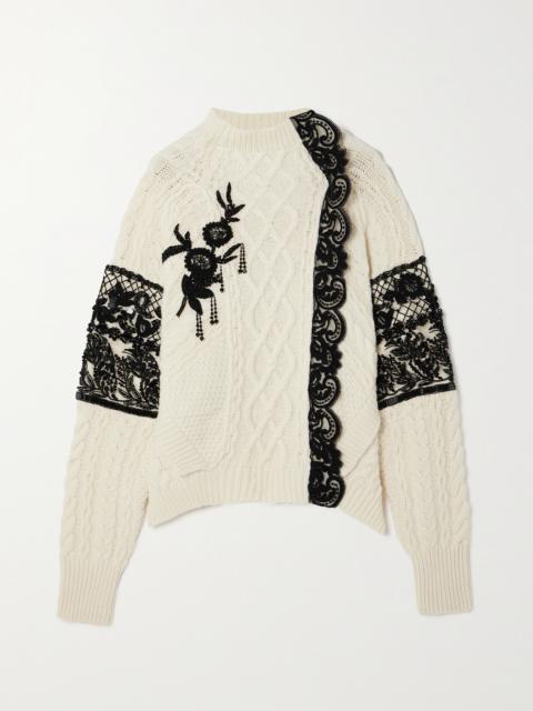 Erdem Lace-trimmed Embellished Cable-knit Wool-blend Sweater