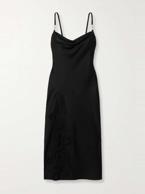 VERSACE Embellished cotton-blend lace-trimmed satin midi dress