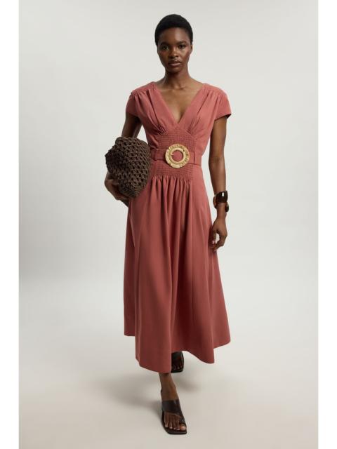 KAREN MILLEN Shirred V Neck Belt Detail Woven Maxi Dress
