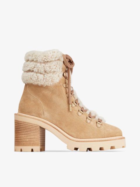 JIMMY CHOO Eshe 65
Stucco Suede Heeled Hiking Boots with Natural Shearling Collar