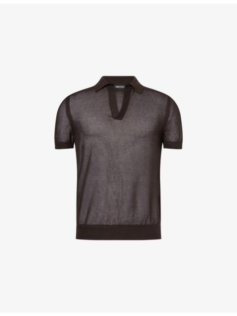 TOM FORD Open-Collar Mesh Cotton and Silk-Blend Polo Top